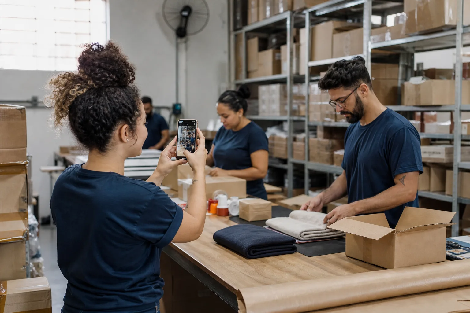 Equipe de e-commerce preparando pedidos enquanto grava vídeo curto de demonstração de produto.
