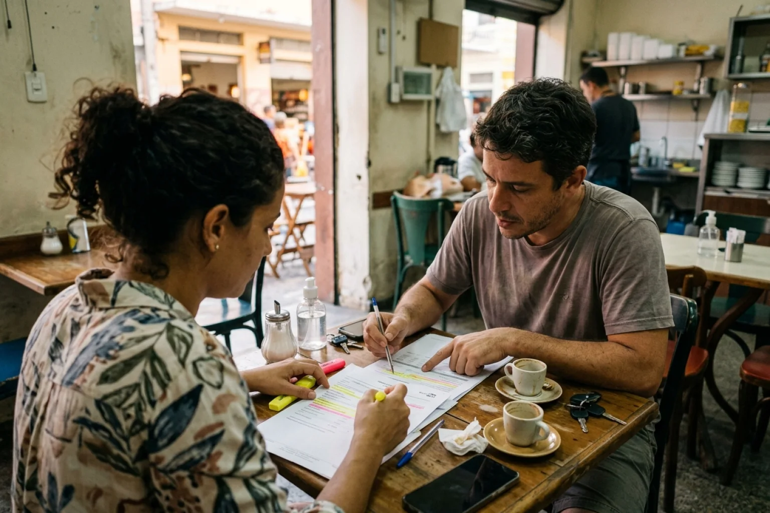 Sócios de loja virtual comparam extratos impressos do gateway de pagamento em mesa de café