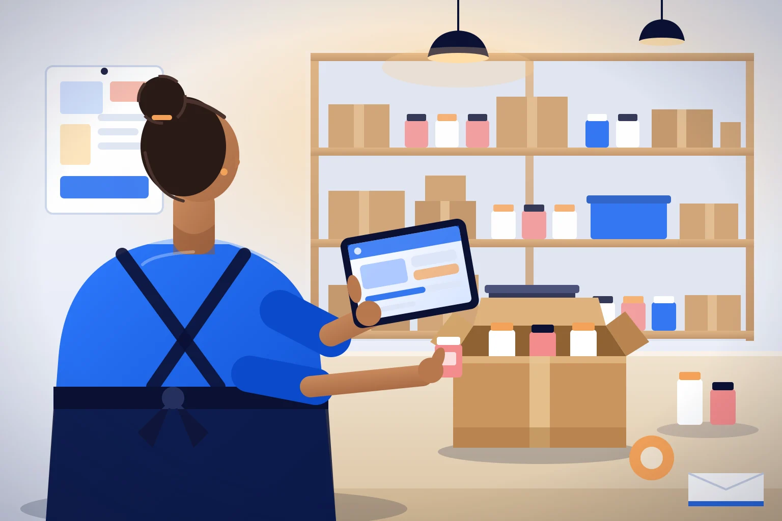 Lojista confere um pedido no tablet enquanto embala produtos no estoque da loja